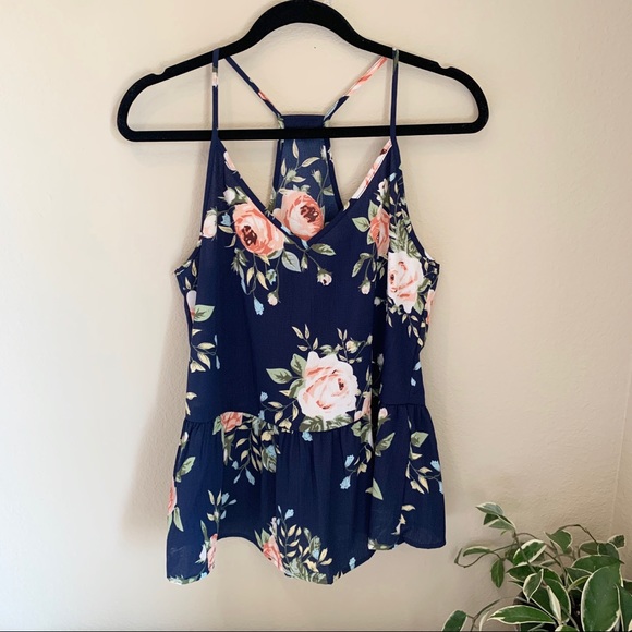 SHEIN Tops - SHEIN PEPLUM FLORAL TOP NAVY